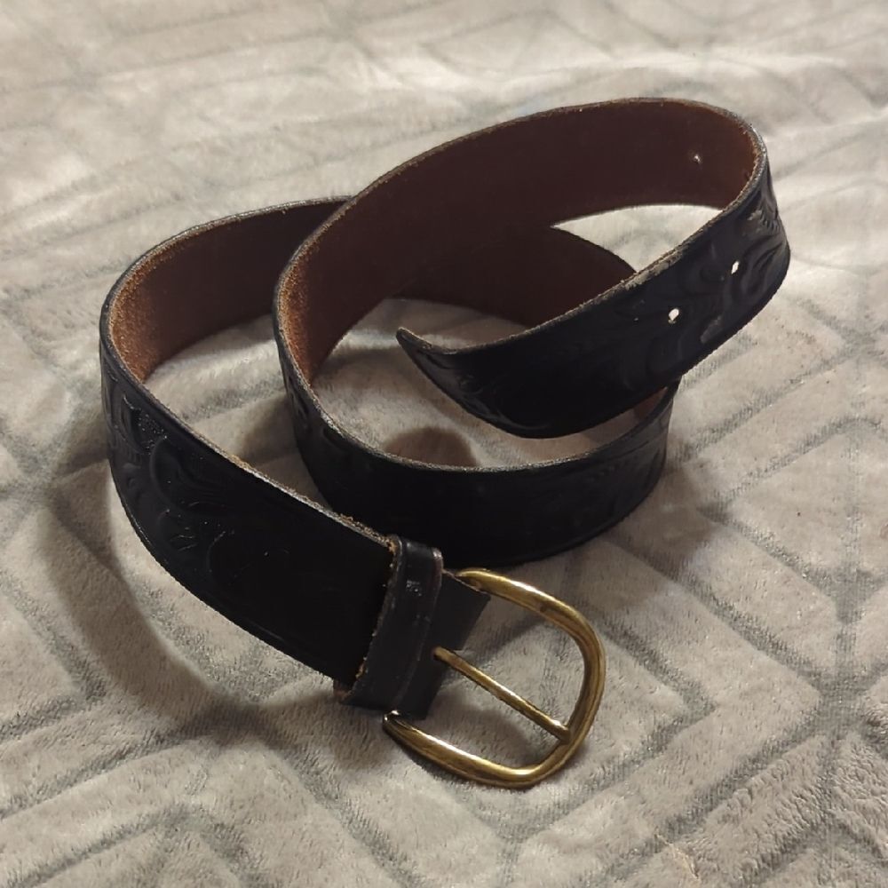 Black Western Pattern Press Stud / Popper Genuine Leather Strap